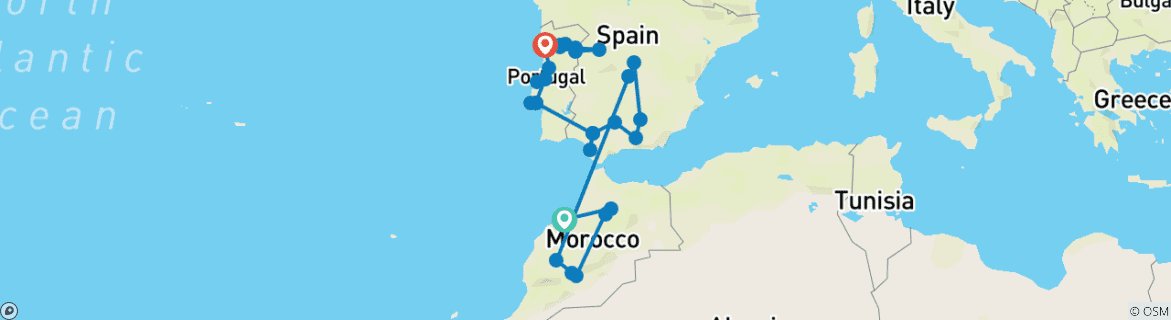 Image of a map showing the route of the tour