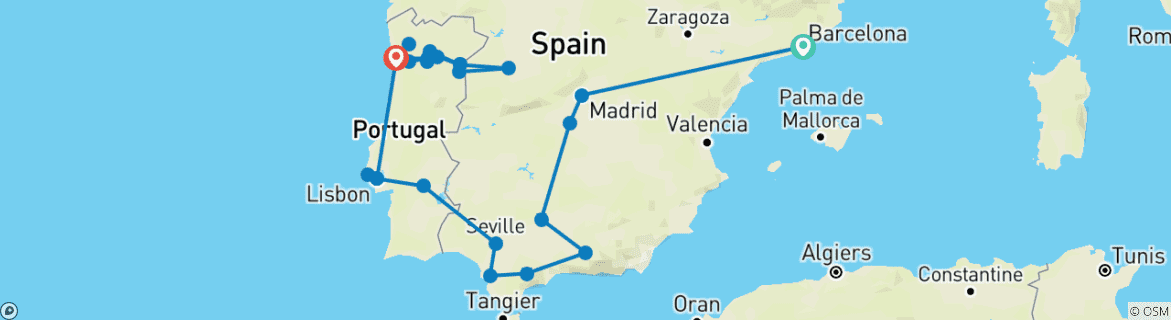 Image of a map showing the route of the tour