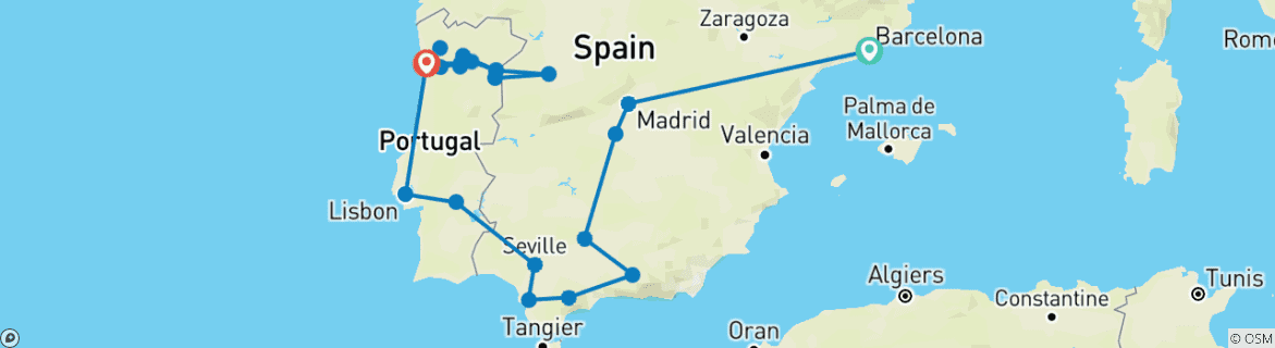Image of a map showing the route of the tour