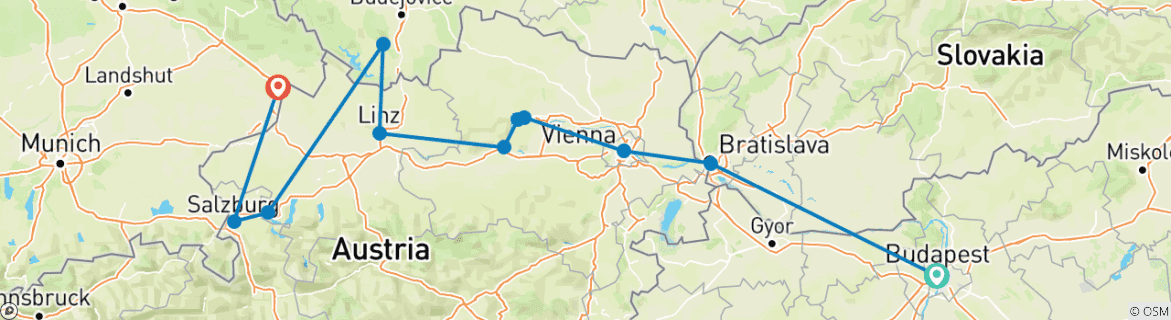 Image of a map showing the route of the tour