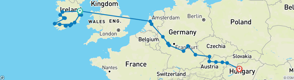 Image of a map showing the route of the tour