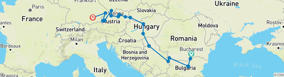 Image of a map showing the route of the tour