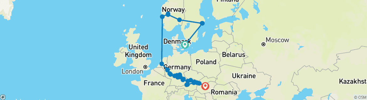 Image of a map showing the route of the tour
