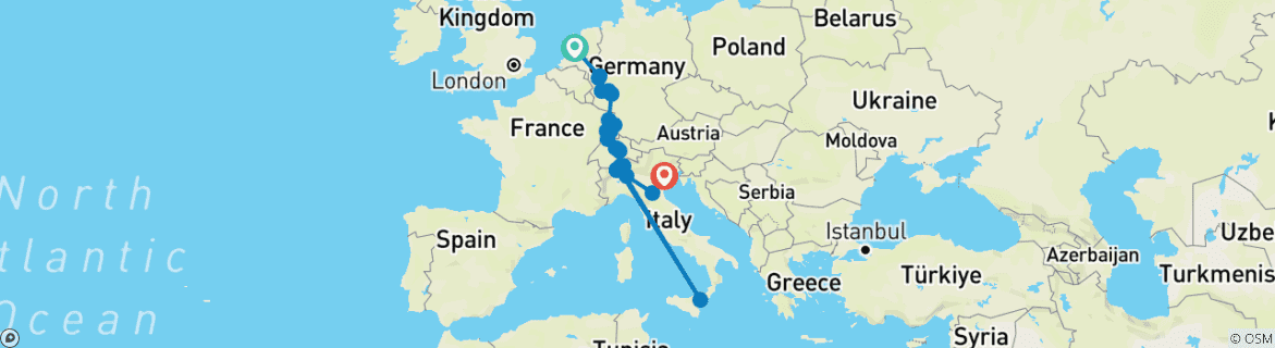 Carte du circuit Le Rhin et la Moselle, ainsi que les lacs suisses et italiens : Amsterdam → Venise (2028)