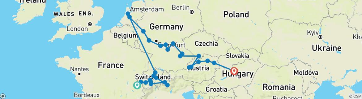 Image of a map showing the route of the tour