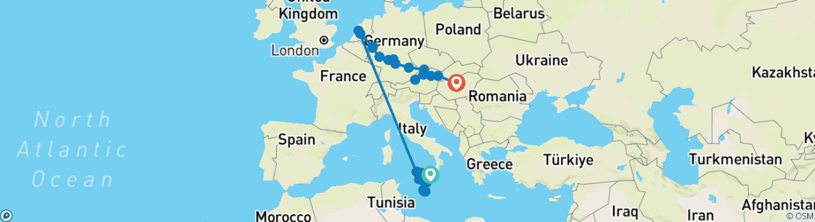 Image of a map showing the route of the tour