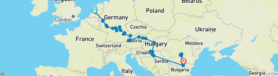Image of a map showing the route of the tour
