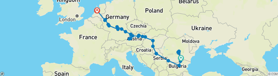 Image of a map showing the route of the tour