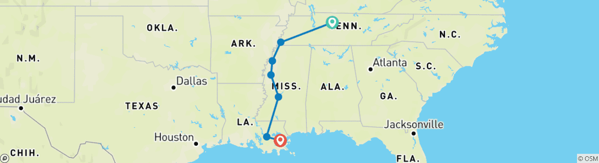 Image of a map showing the route of the tour