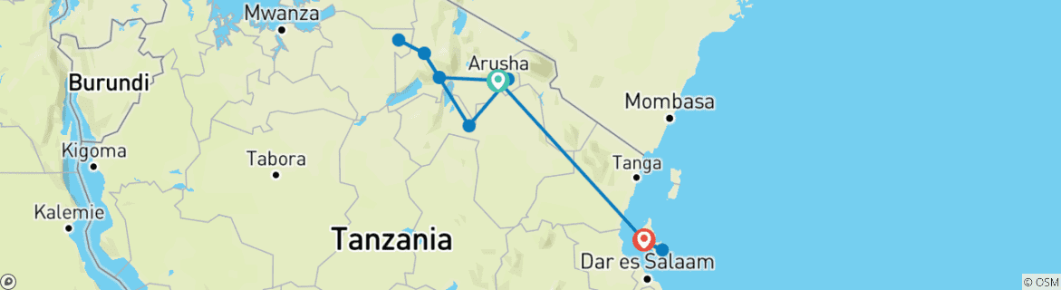 Image of a map showing the route of the tour