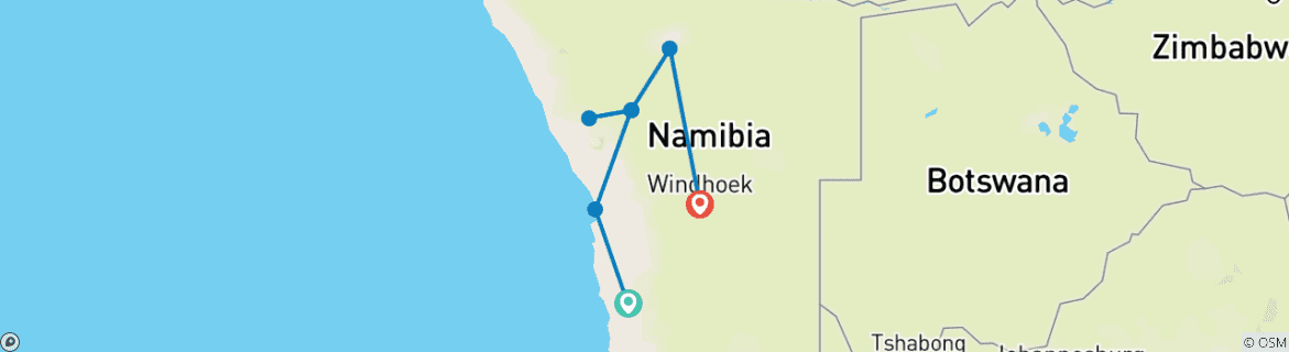 Image of a map showing the route of the tour