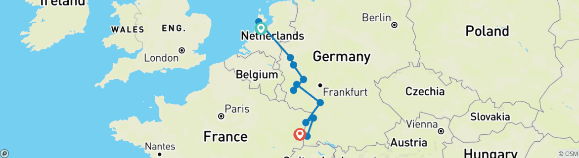 Image of a map showing the route of the tour