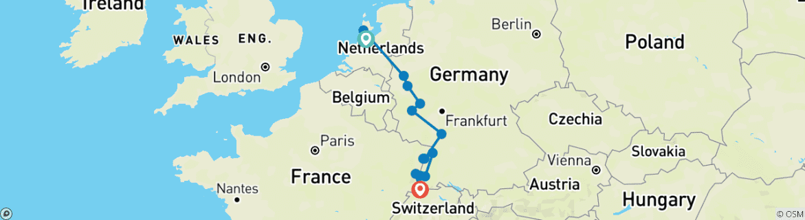 Image of a map showing the route of the tour