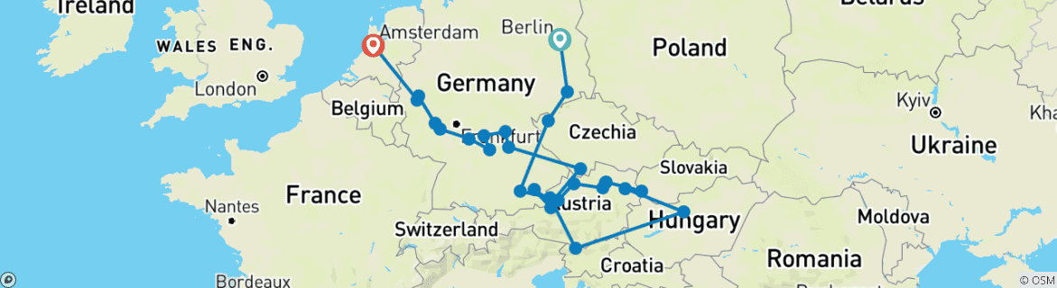 Image of a map showing the route of the tour