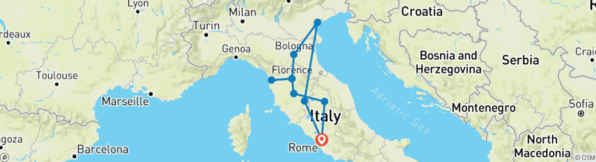 Image of a map showing the route of the tour