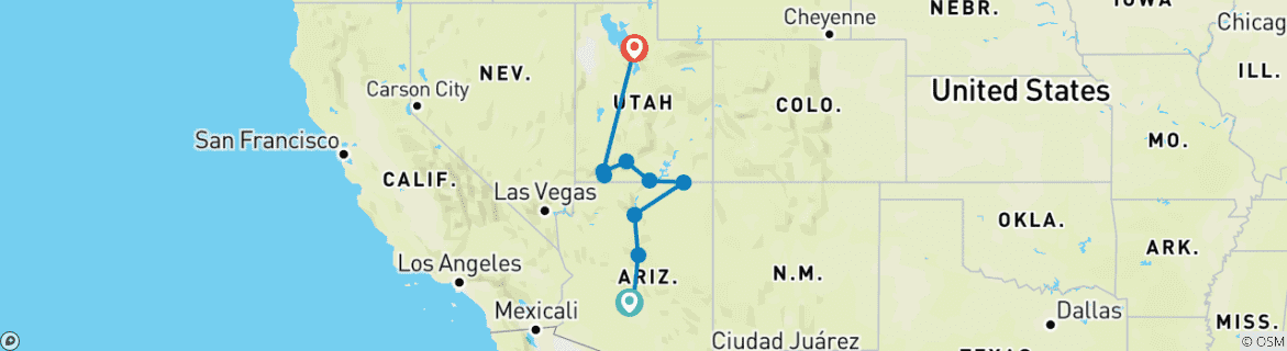 Image of a map showing the route of the tour