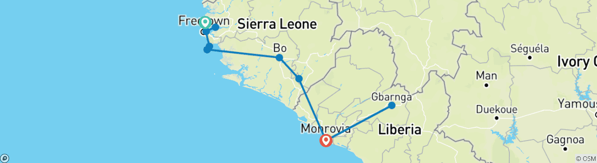 Image of a map showing the route of the tour