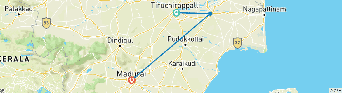 Carte du circuit Circuit de 3 jours à la découverte du patrimoine du Tamil Nadu : Trichy, Thanjavur et Madurai