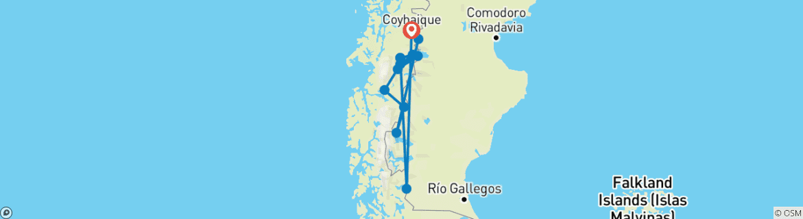 Image of a map showing the route of the tour