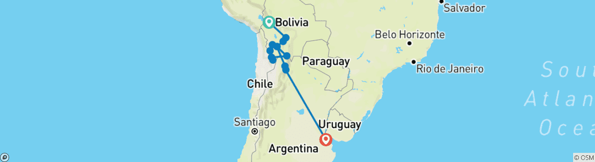 Image of a map showing the route of the tour