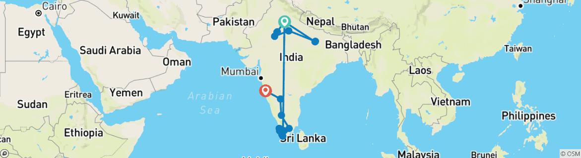 Image of a map showing the route of the tour