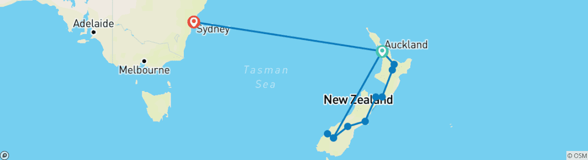Image of a map showing the route of the tour