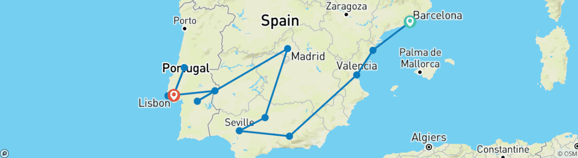 Image d'une carte montrant l'itinéraire du circuit