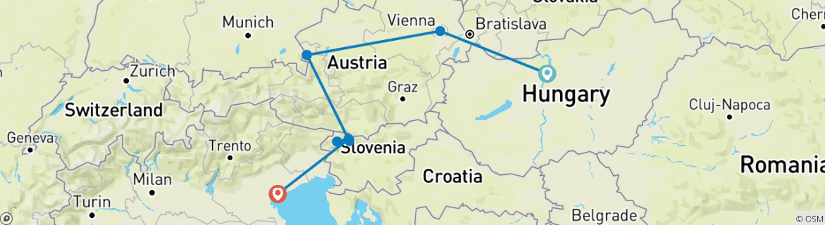Image of a map showing the route of the tour