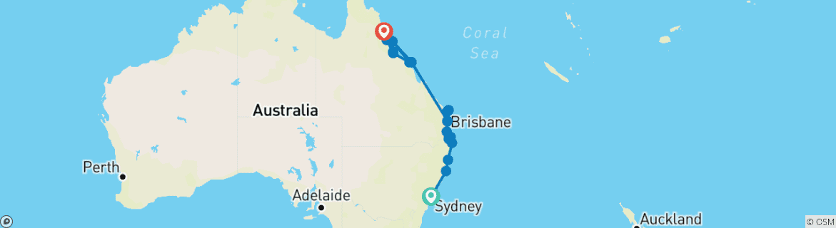 Image of a map showing the route of the tour
