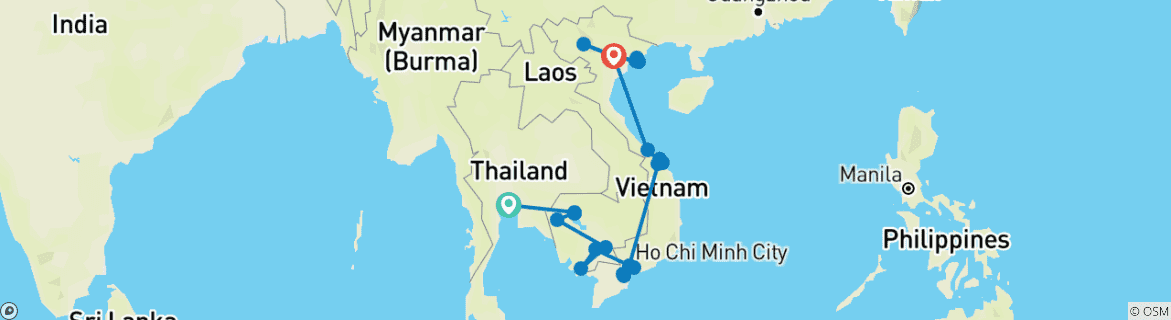 Image of a map showing the route of the tour