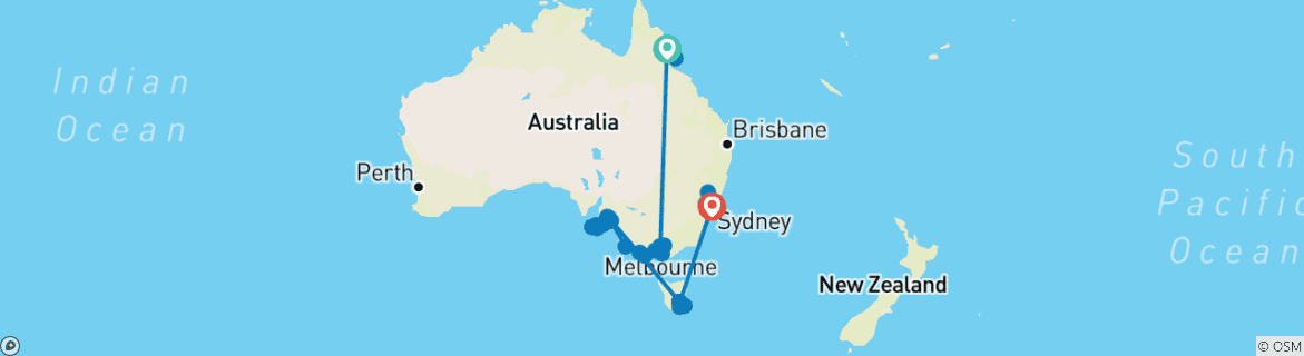 Image of a map showing the route of the tour