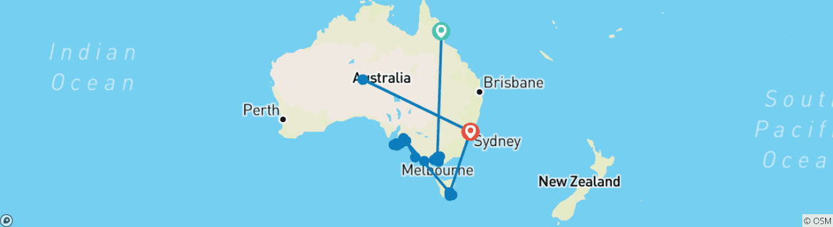 Carte du circuit À la découverte de l'Australie-Méridionale et de la Tasmanie, avec Cairns et Uluru