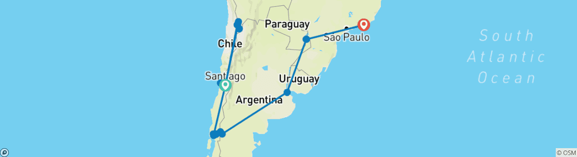 Carte du circuit Le Chili et le nord de la Patagonie en profondeur : l'Atacama, les chutes d'Iguazú et Rio