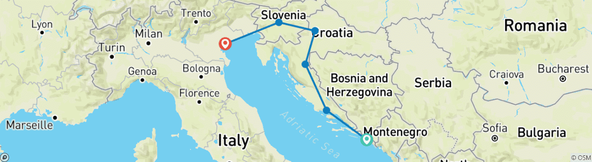 Image of a map showing the route of the tour