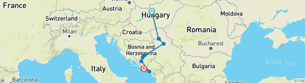 Image of a map showing the route of the tour