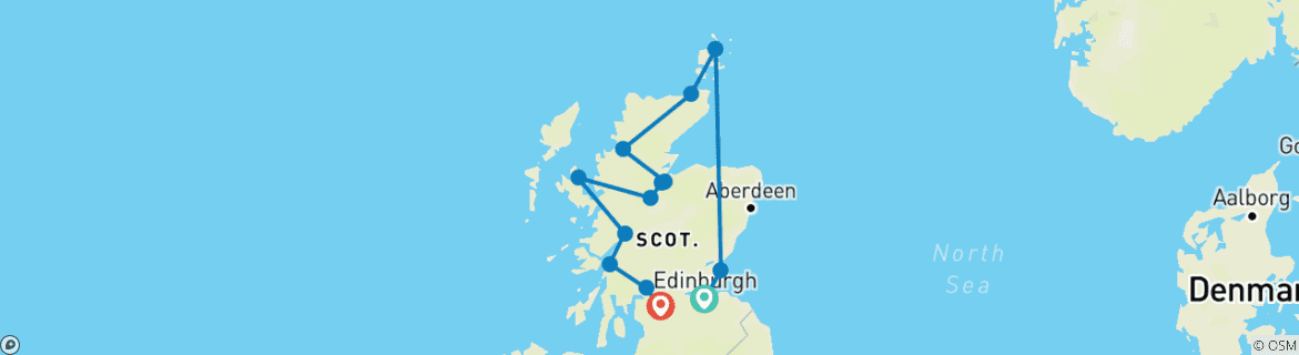 Image of a map showing the route of the tour