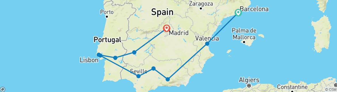 Image of a map showing the route of the tour