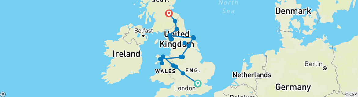 Image of a map showing the route of the tour