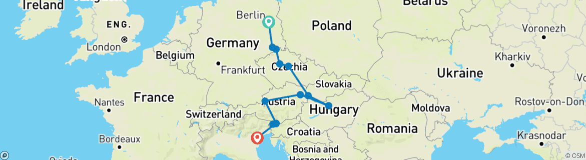 Image of a map showing the route of the tour