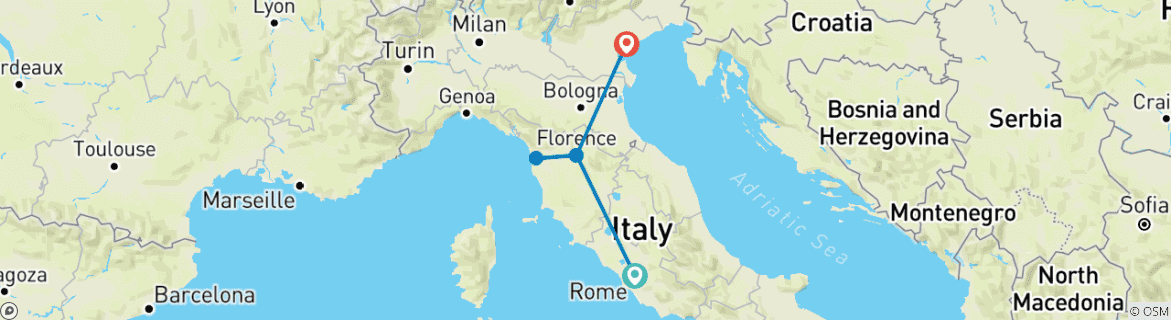Image of a map showing the route of the tour