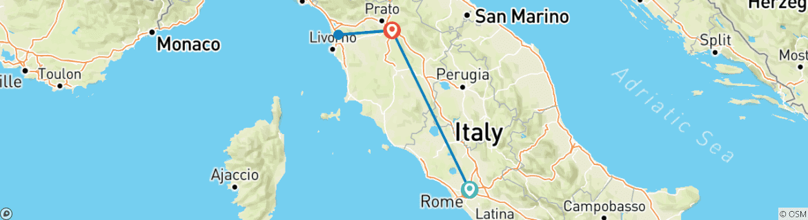 Image of a map showing the route of the tour