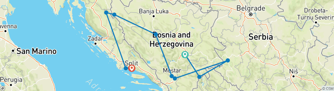 Image of a map showing the route of the tour