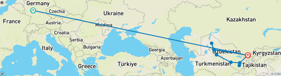 Image of a map showing the route of the tour