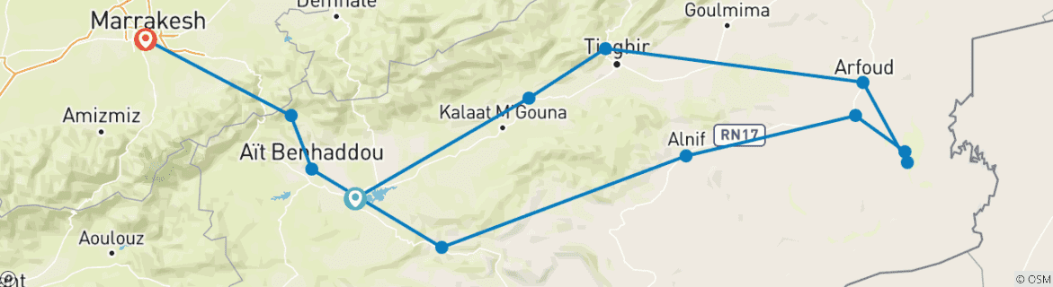 Image of a map showing the route of the tour