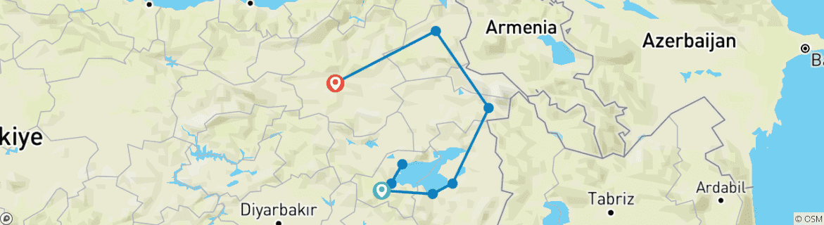 Image of a map showing the route of the tour