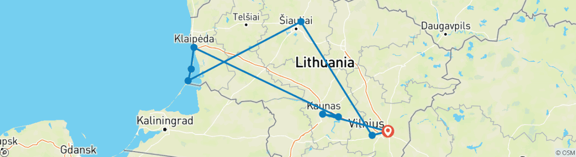 Image of a map showing the route of the tour