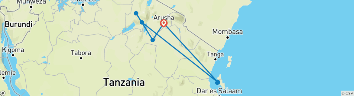 Image of a map showing the route of the tour