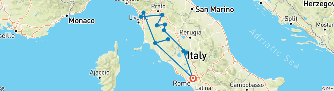 Image of a map showing the route of the tour