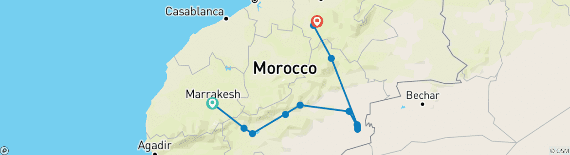 Image of a map showing the route of the tour