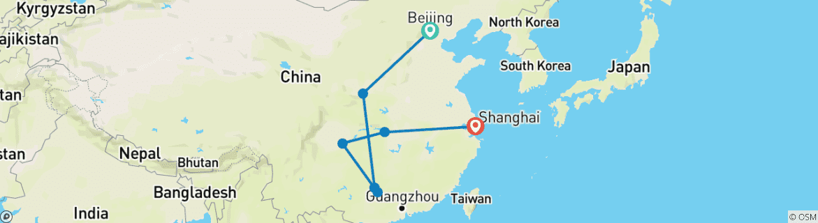 Image of a map showing the route of the tour